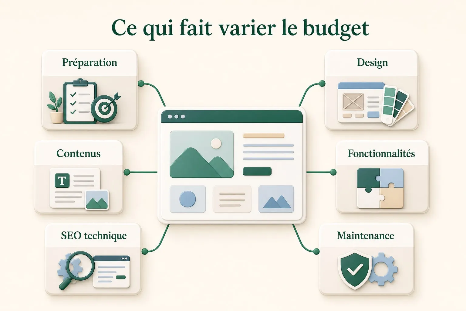 The items that drive the budget of a business website: preparation, design, content, SEO, features and maintenance