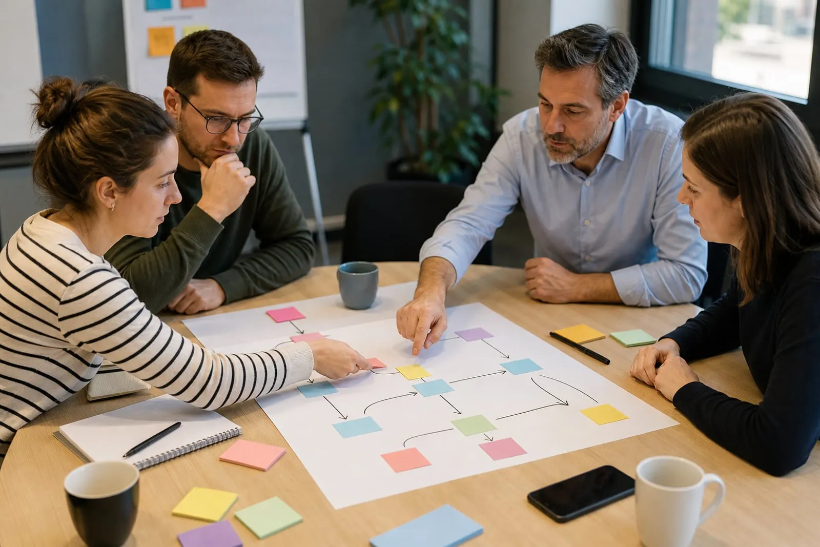 A small business team mapping the repetitive steps of an administrative process on a paper board