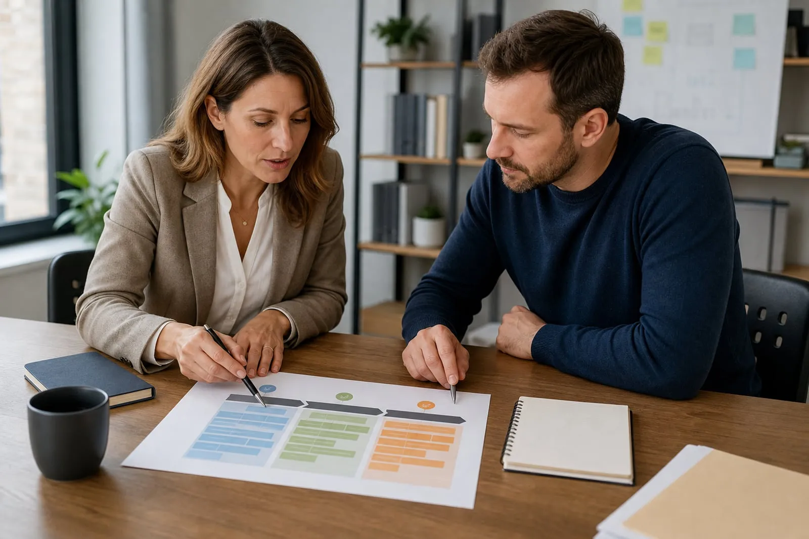 A business owner organising a gradual three-phase plan with a colleague