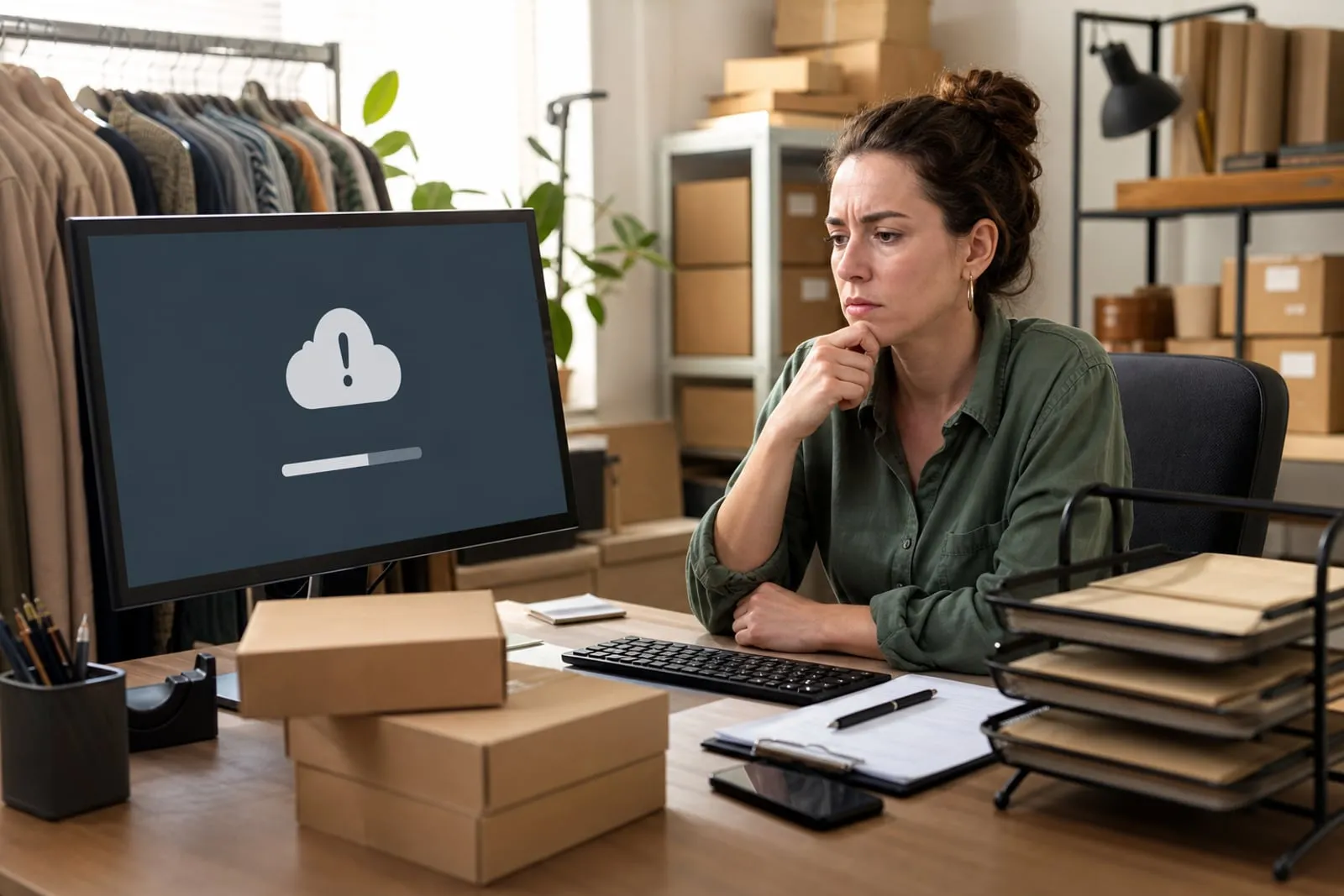 A store manager in front of a temporarily unavailable screen and pending orders
