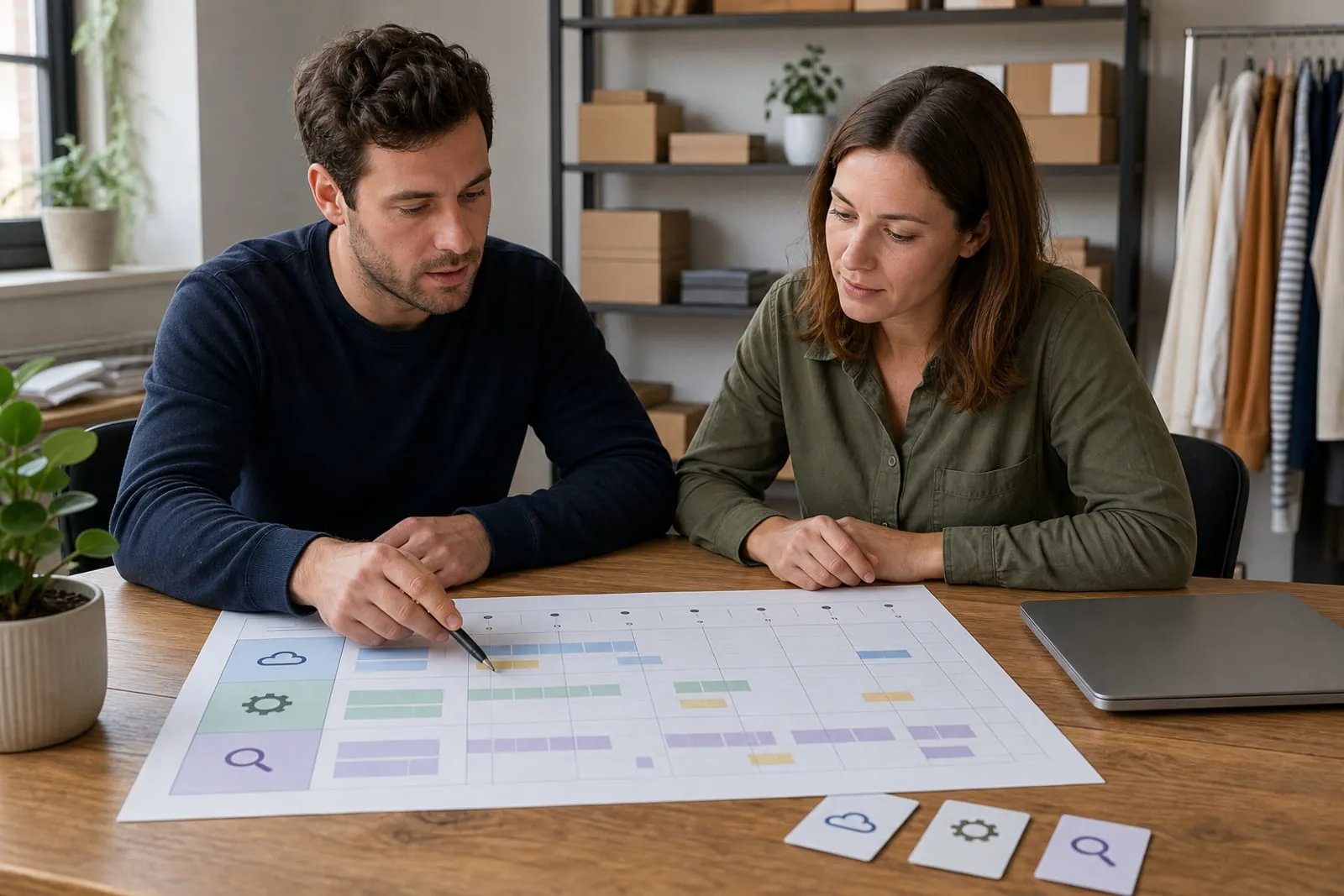 A technician and a manager organising backups, updates and checks on a paper schedule