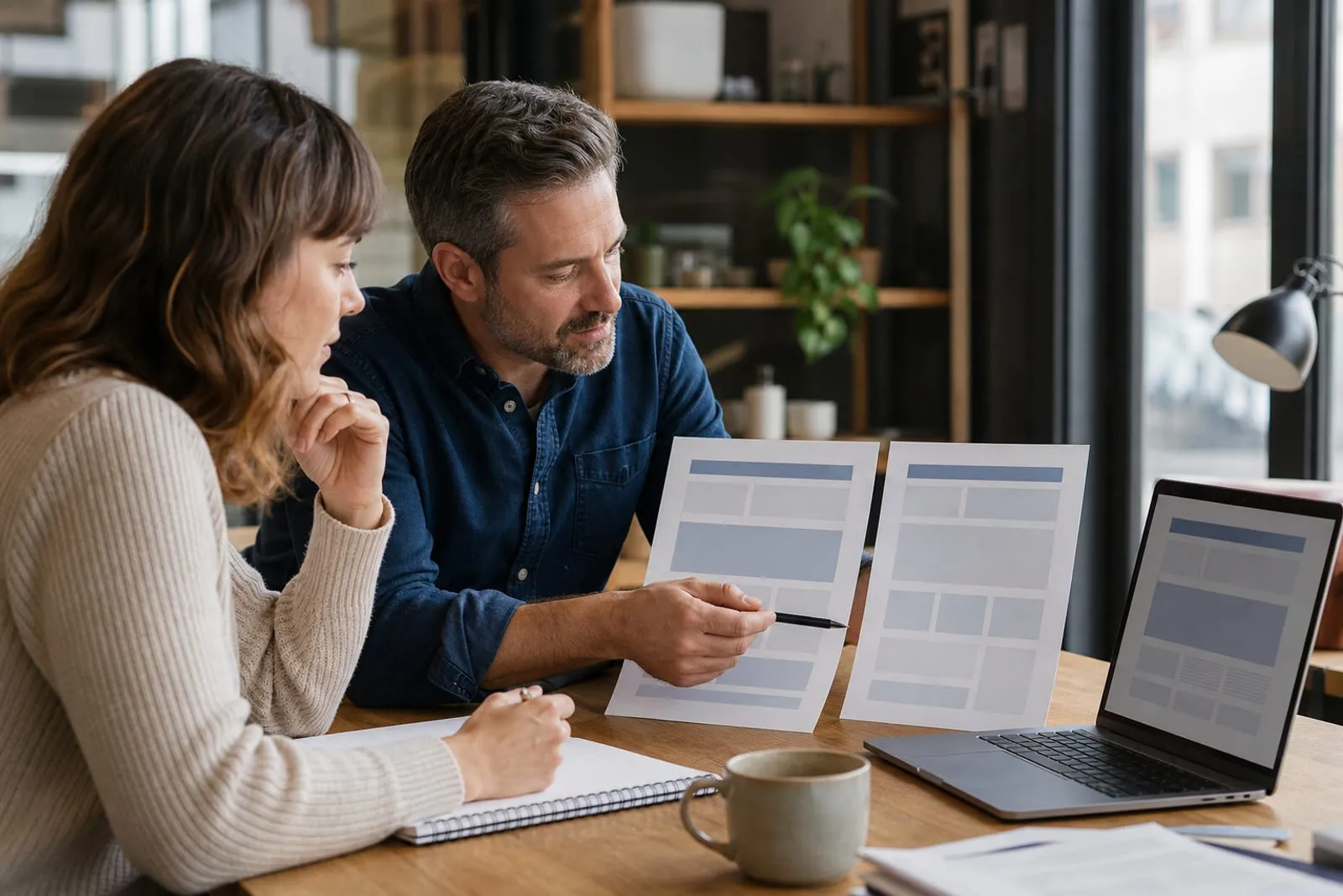 A business owner and a writer comparing two versions of a service page