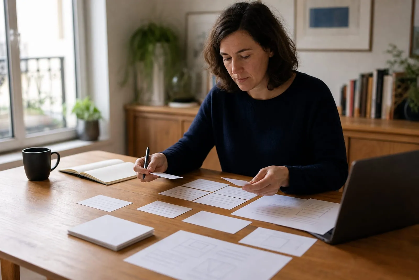A writer organising the headings, arguments and evidence of a web page before writing it