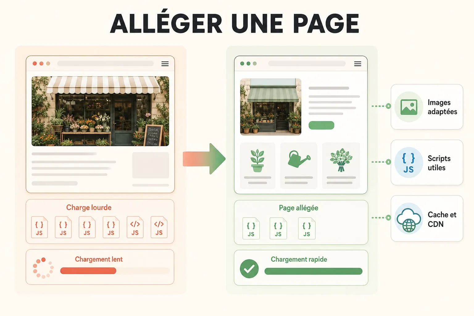 A heavy page compared with a lighter one thanks to suitable images, useful scripts, caching and a CDN