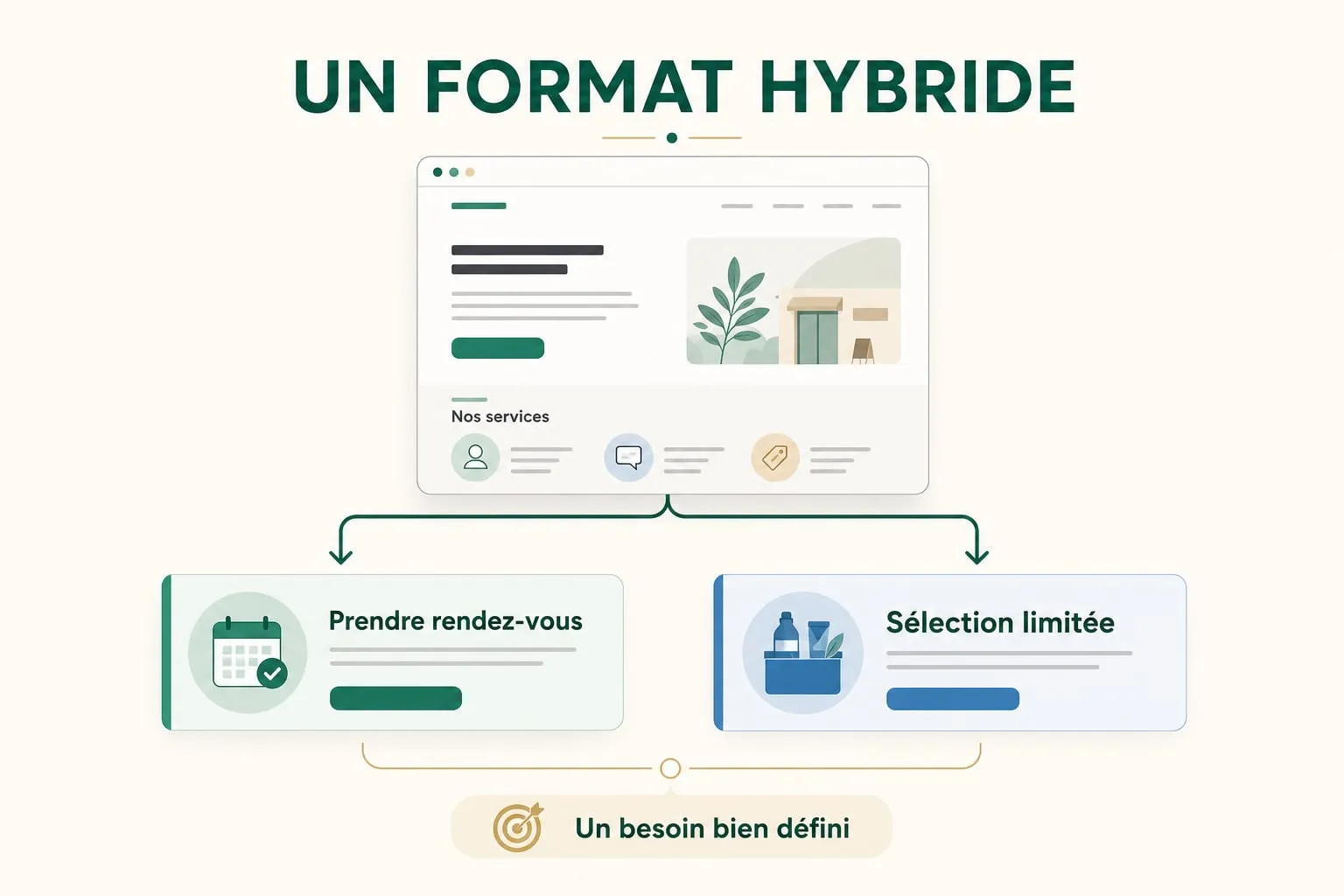 A hybrid format combining appointment booking and a limited selection of products for a well-defined need